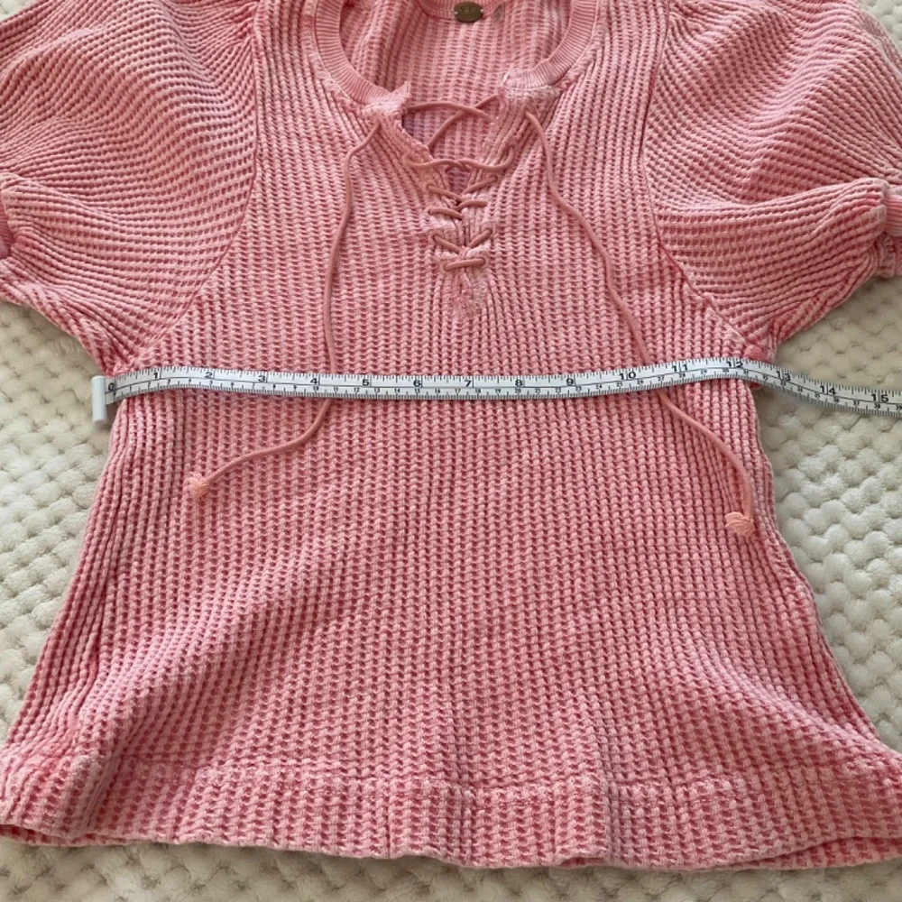 Free People FP One Hayden Pink Puff Sleeve Lace Up Thermal Top -‎ Size XS